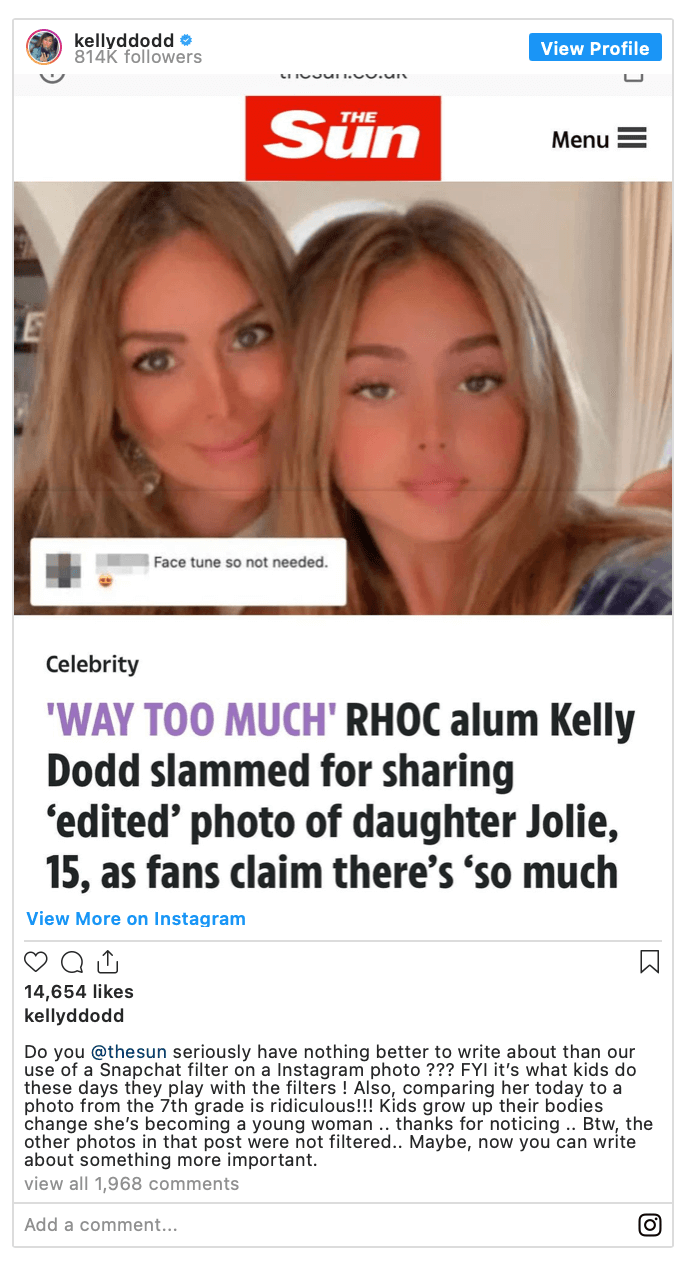 Kelly Dodd Bashed By Fans After Heavily Editing Photo Of 15-Year-Old ...